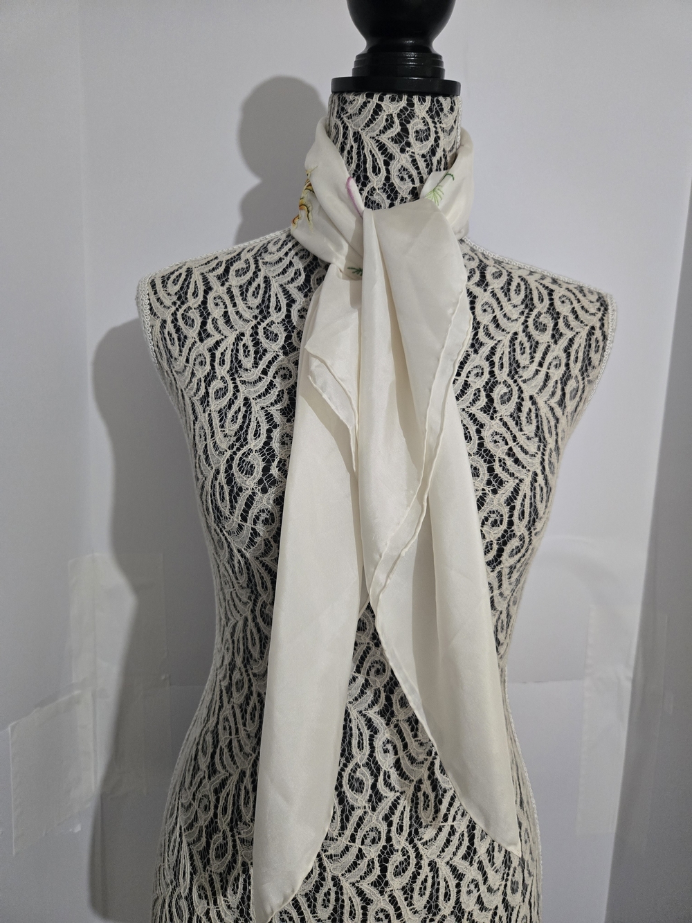 Ivory Silk Scarf with Embroidered Koi Accents - Picture 4 of 7